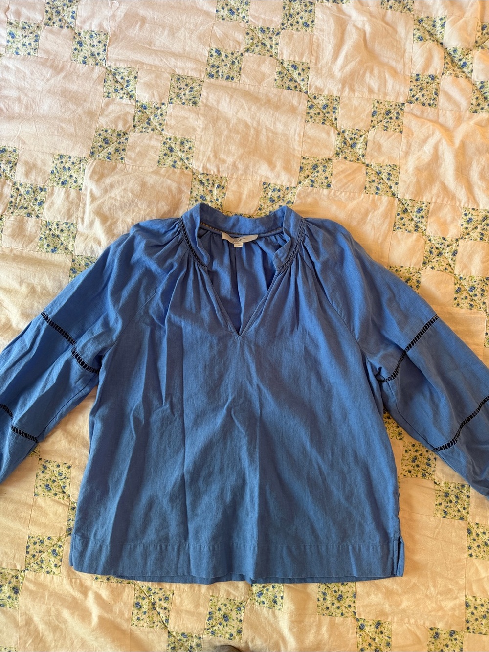 LOFT Chambray Blue Split-Neck Peasant Top